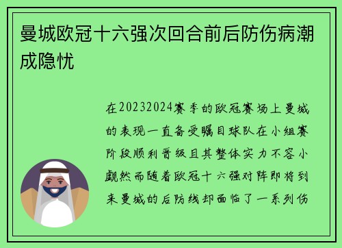 曼城欧冠十六强次回合前后防伤病潮成隐忧